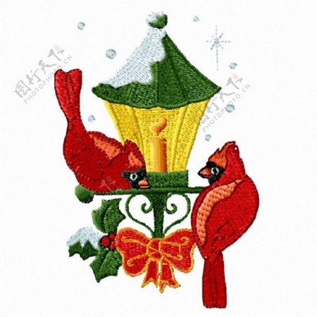 绣花圣诞节路灯鸟类小鸟免费素材