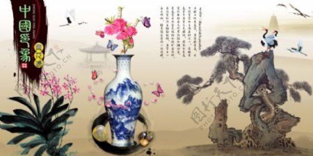 中国风展板挂画中国印象青花瓷花朵