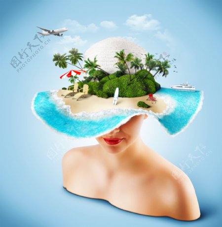 遮阳帽上的沙滩风景图片