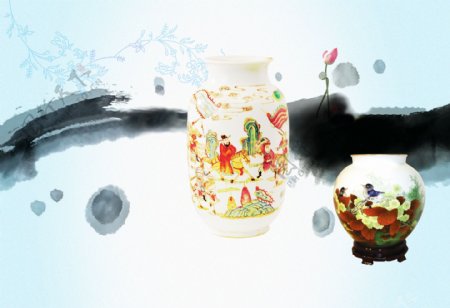 花鸟瓷器人物陶瓷瓶墨迹荷花图片