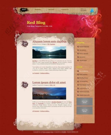 红色花纹复古的博客模板