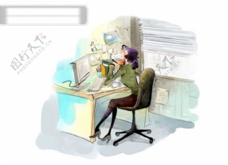HanMaker韩国设计素材库背景漫画卡通淡彩人物女人办公室