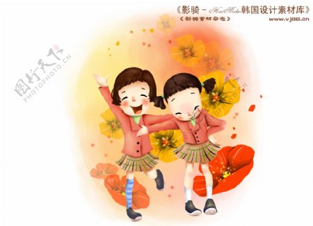 HanMaker韩国设计素材库背景卡通漫画可爱人物女孩花朋友友谊开心儿童