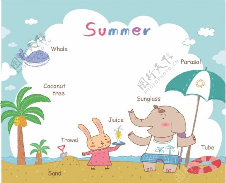 小动物夏天海边学英语图片