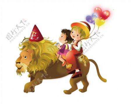 小孩骑狮子卡通素材EPS下载矢量