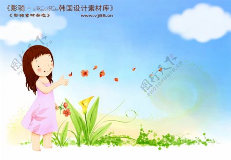 HanMaker韩国设计素材库背景卡通漫画可爱梦幻童年孩子女孩花丛