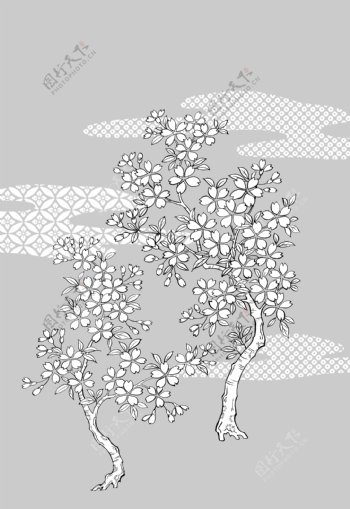 线描植物花卉矢量素材25樱花云彩背景.