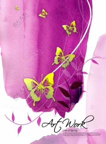 紫色背景蝴蝶树叶花纹叶片绘画手绘色彩PSD分层素材源文件韩国花纹图库
