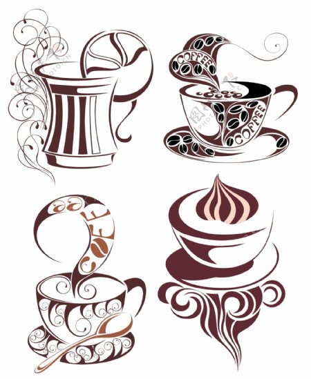 4装饰的咖啡或茶杯向量集