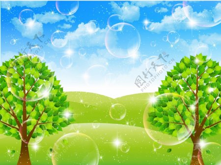 梦幻气泡绿树背景矢量素材