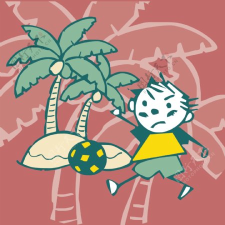 印花矢量图可爱卡通男孩椰子树色彩免费素材