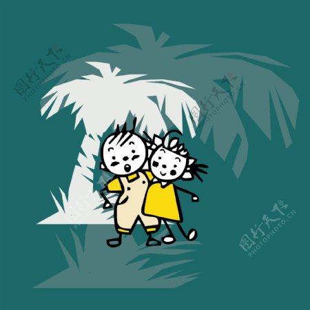 印花矢量图可爱卡通男孩女孩椰子树免费素材
