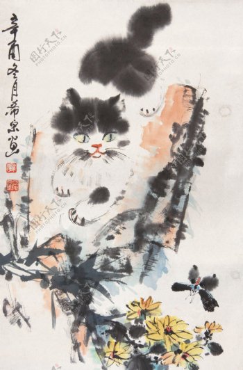 庞希泉现代国画猫蝶图