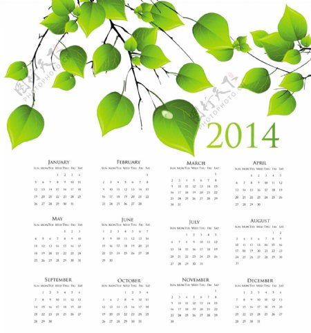 2014年绿叶树枝日历矢量素材