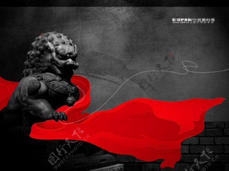 psd源文件中国风雕塑雕像石雕红丝带狮子佛祖房檐酒杯