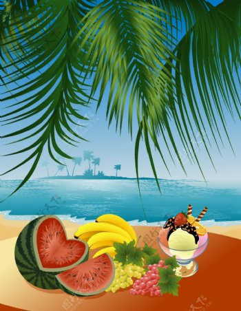 水果与海滩风景矢量