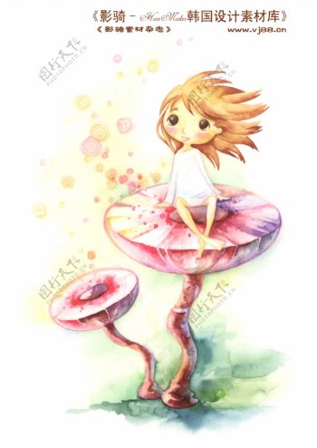 HanMaker韩国设计素材库背景卡通漫画淡彩儿童女孩蘑菇