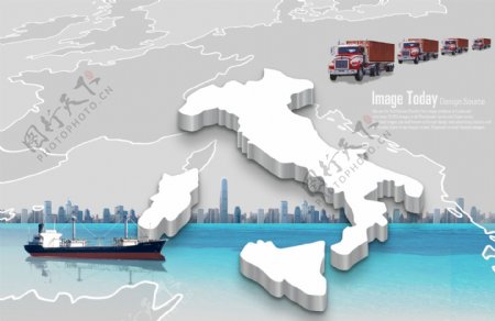 意大利地图和轮船卡车