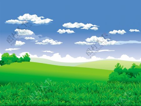 美丽的郊外蓝天白云绿草矢量风景