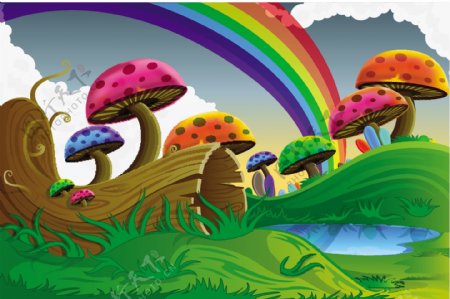 彩虹蘑菇森林矢量素材
