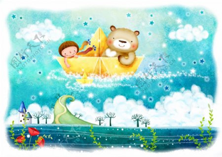 天空中划船的女孩和小熊