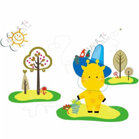 印花矢量图婴童卡通动物黄色树免费素材