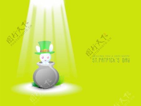 快乐的圣巴特里克节概念与可爱小兔子坐在传统的泥锅妖精帽子上闪闪发光的绿色背景