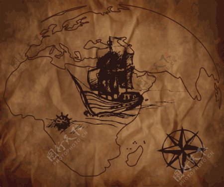 古老的地图和指南针矢量素材
