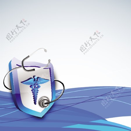 在蓝色波背景医疗符号和sethescope医学概念