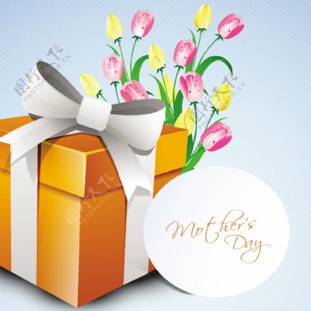 母亲节快乐的概念一个礼品盒和花的标签