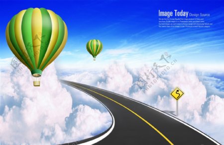 白云上的公路和热气球