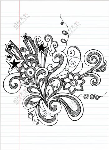 手绘笔记本涂鸦花卉矢量插画