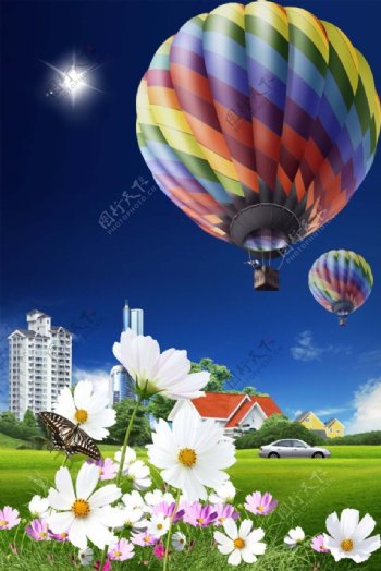草地花朵和空中的热气球