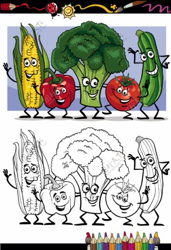 与素描的水果和蔬菜矢量01颜色