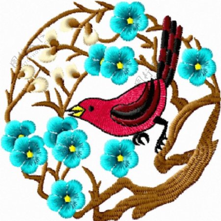 绣花花朵树枝鸟类免费素材