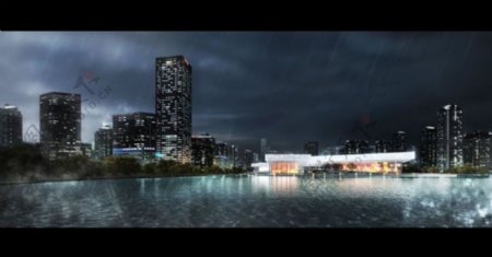 雨夜湖畔建筑景观PSD分层素材