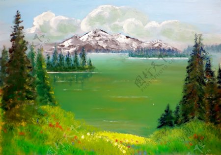 油画雪山湖泊图片