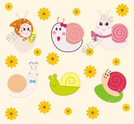 可爱卡通蜗牛花朵矢量素材
