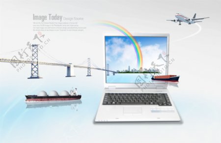 桥梁轮船和笔记本电脑