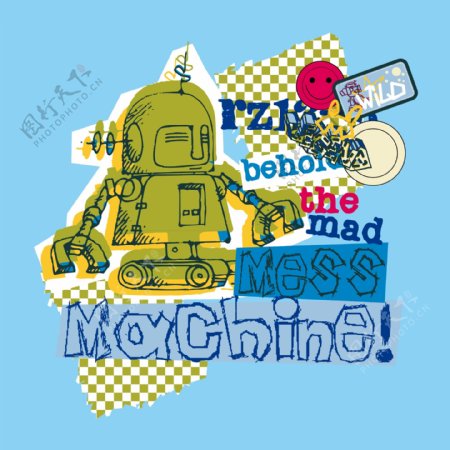 印花矢量图T恤图案图文结合可爱卡通机器人免费素材
