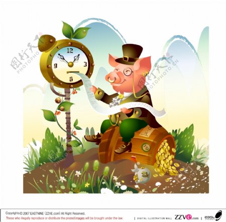 时钟和猪韩国Zzve矢量图