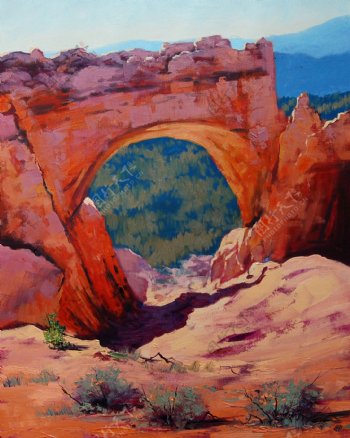 油画沙漠拱石图片