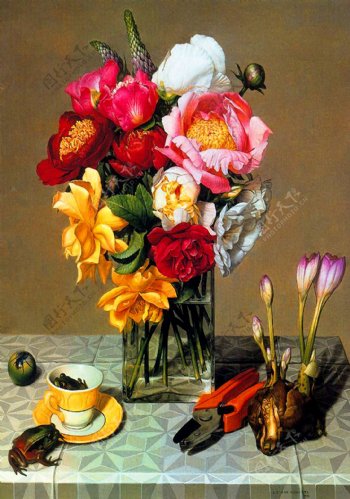 油画玻璃杯中盛开的鲜花图片