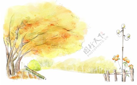浪漫的韩国手绘矢量风景高清图片素材