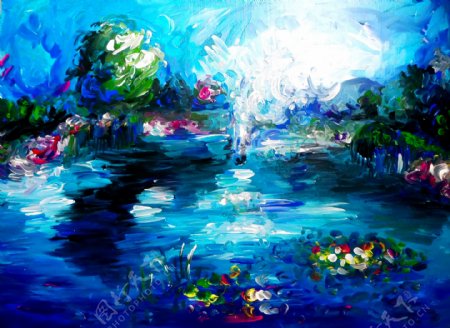 油画蓝色的湖泊图片