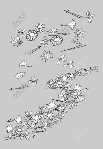 线描植物花卉矢量素材14树叶与花卉.