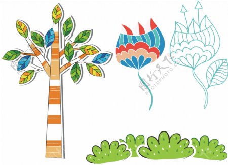 树木插画花朵图片