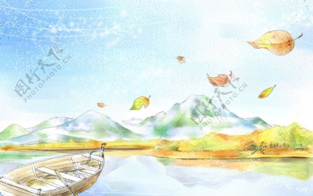 韩风手绘水彩插画泛舟湖上休闲