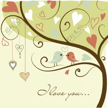 股票插画矢量与两个相爱的鸟类的程式化的爱情树