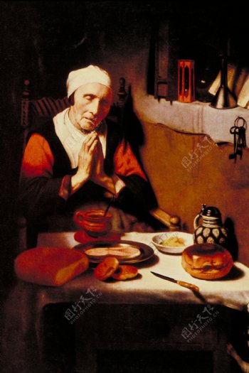 油画进食祈祷的老人图片